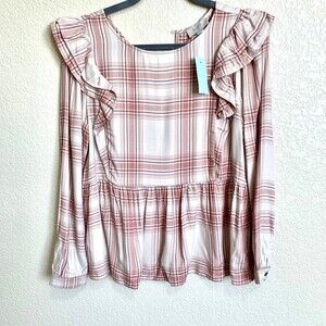 Loft blouse  women Beige  plaid long sleeve  ruffle top size SP